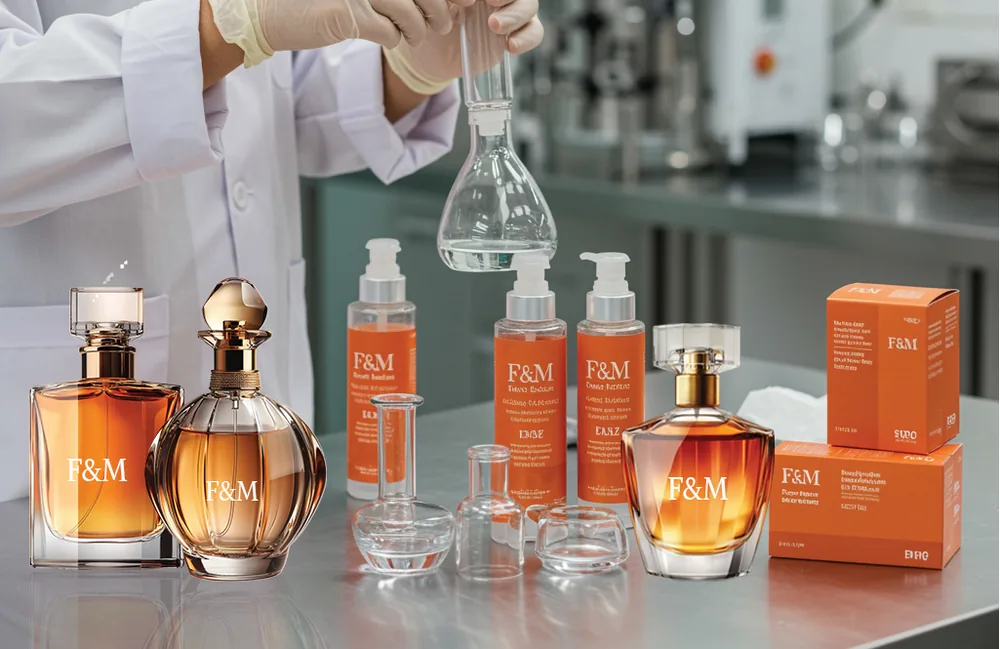 F&M perfumes and cartons on a lab bench