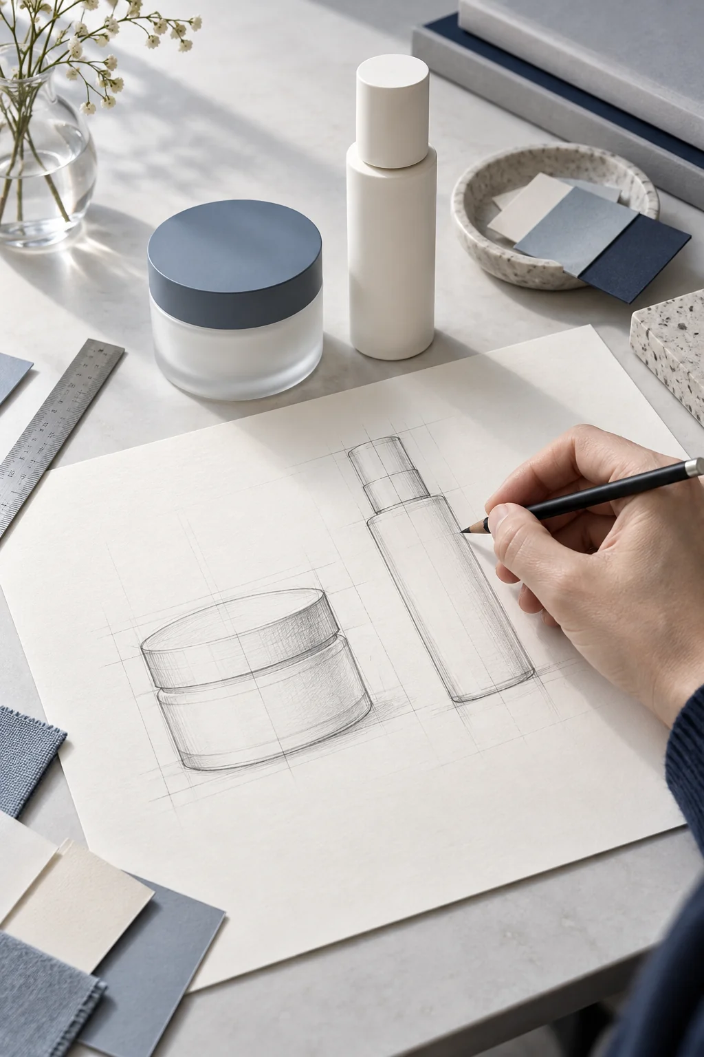 A designer sketching cosmetic packaging beside a jar and material swatches.
