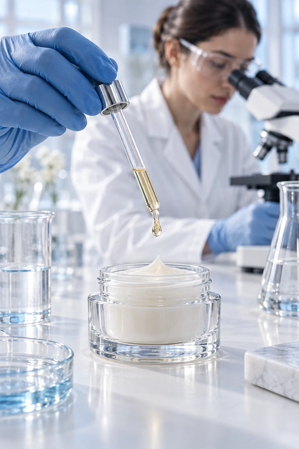 Illustrative cosmetic formulation: a pipette dispensing serum above a cream jar in a laboratory.