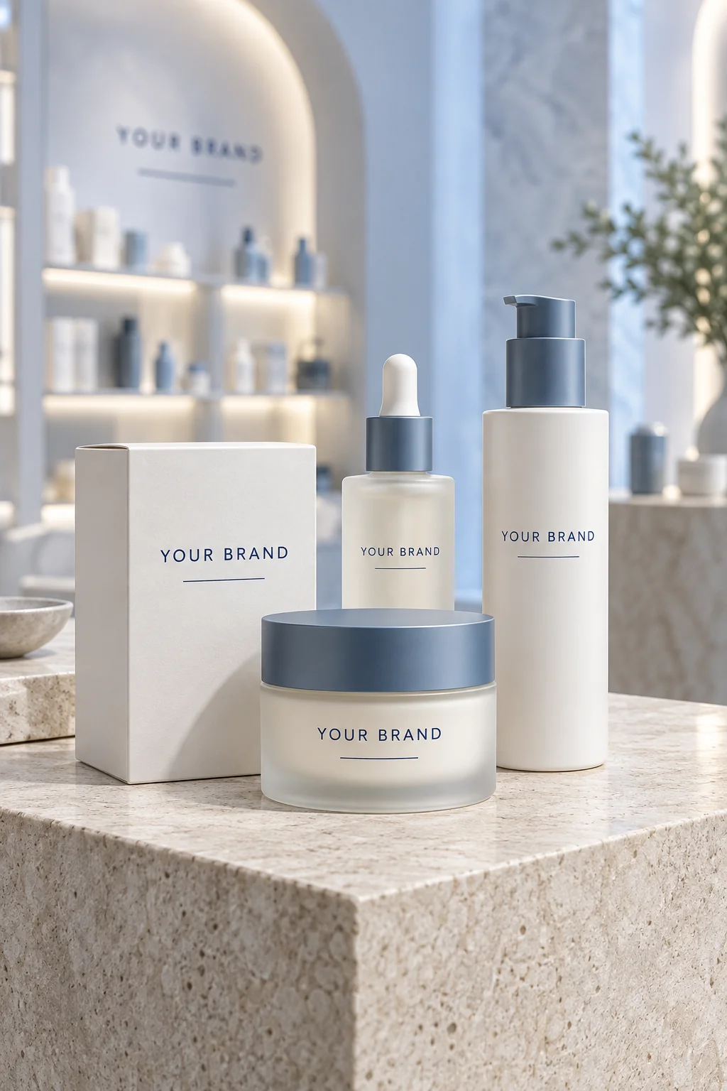 A finished concept skincare collection displayed on a stone retail pedestal.