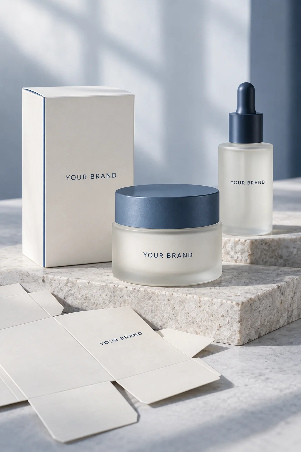 A concept skincare jar, serum bottle and matching ivory carton with blue details.