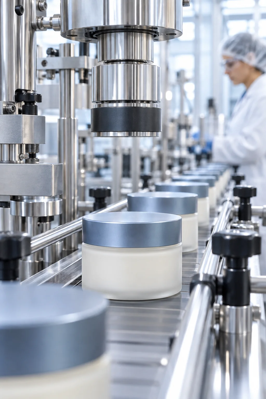 Illustrative manufacturing scene with cosmetic jars on a stainless-steel production line.