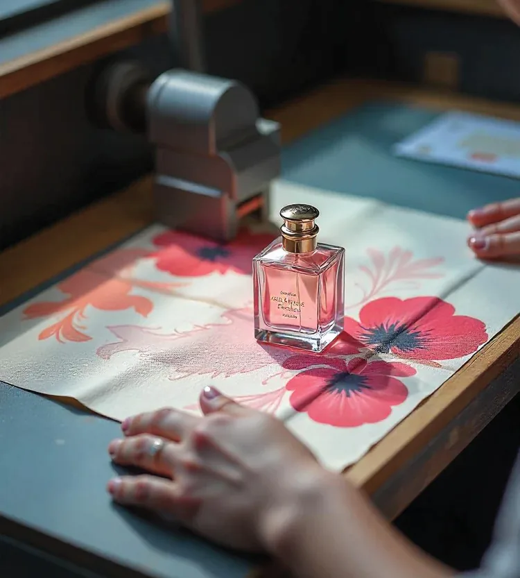 A perfume bottle displayed on a floral design at a worktable