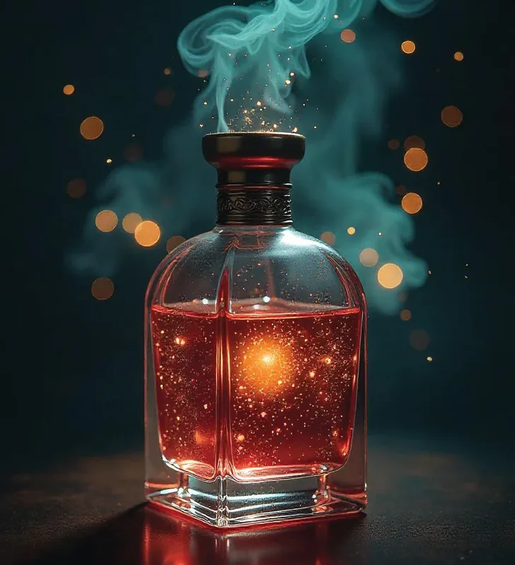 An amber perfume bottle with swirling aromatic smoke