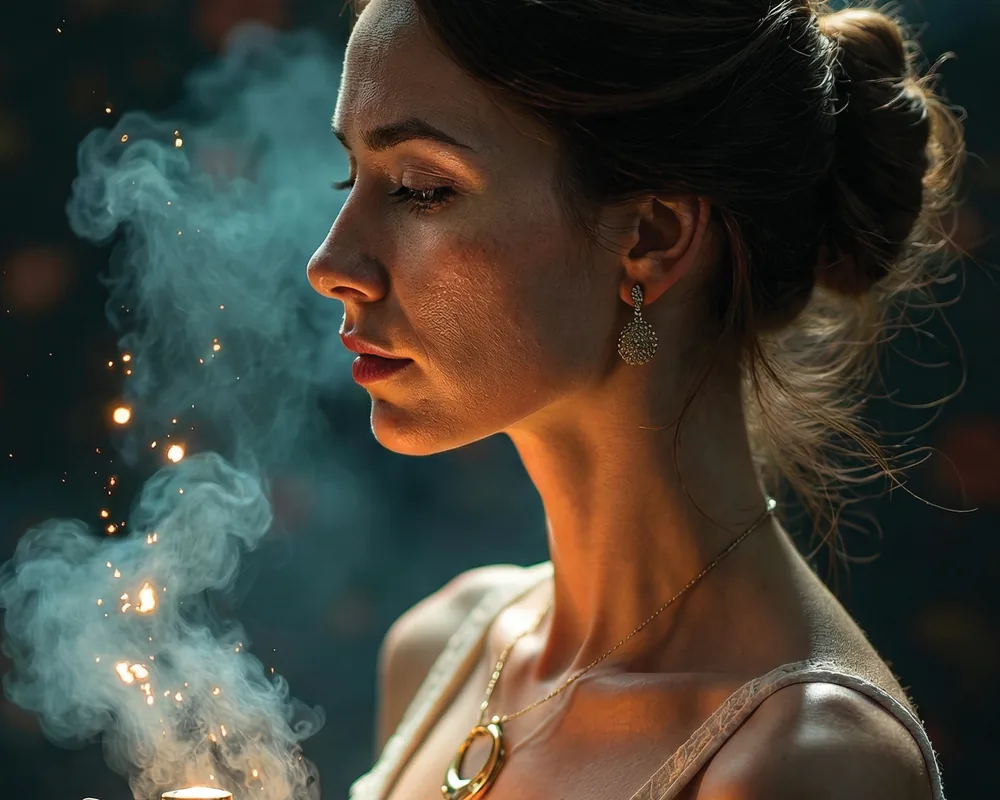 A woman in profile surrounded by softly lit aromatic smoke