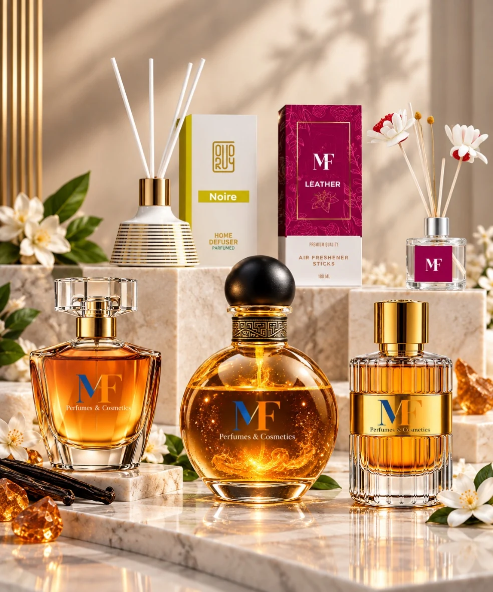 A collection of perfumes, oils and diffusers