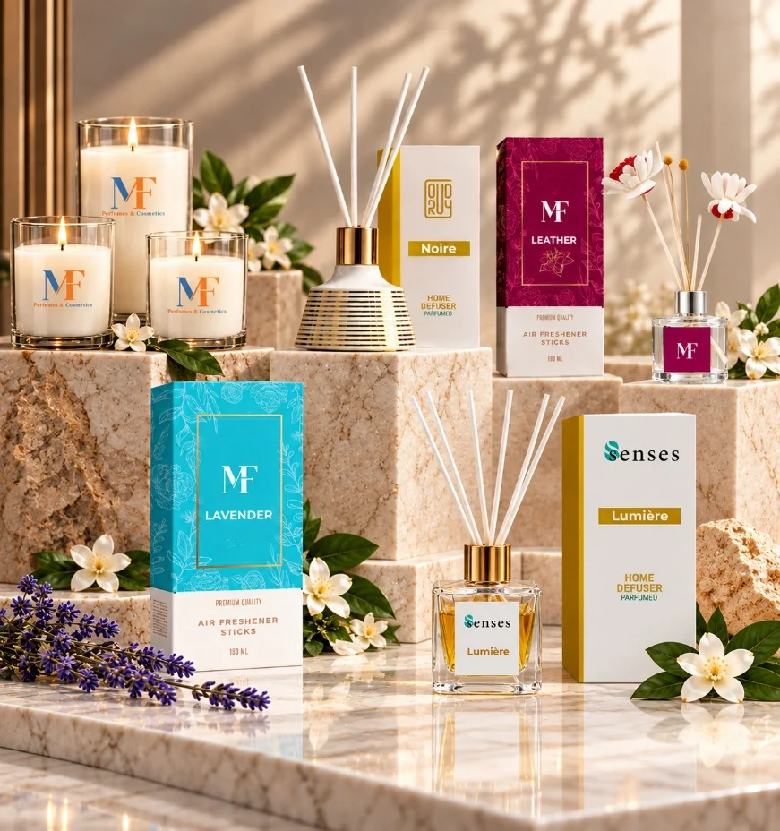 Reed diffusers, home fragrances and colourful packaging