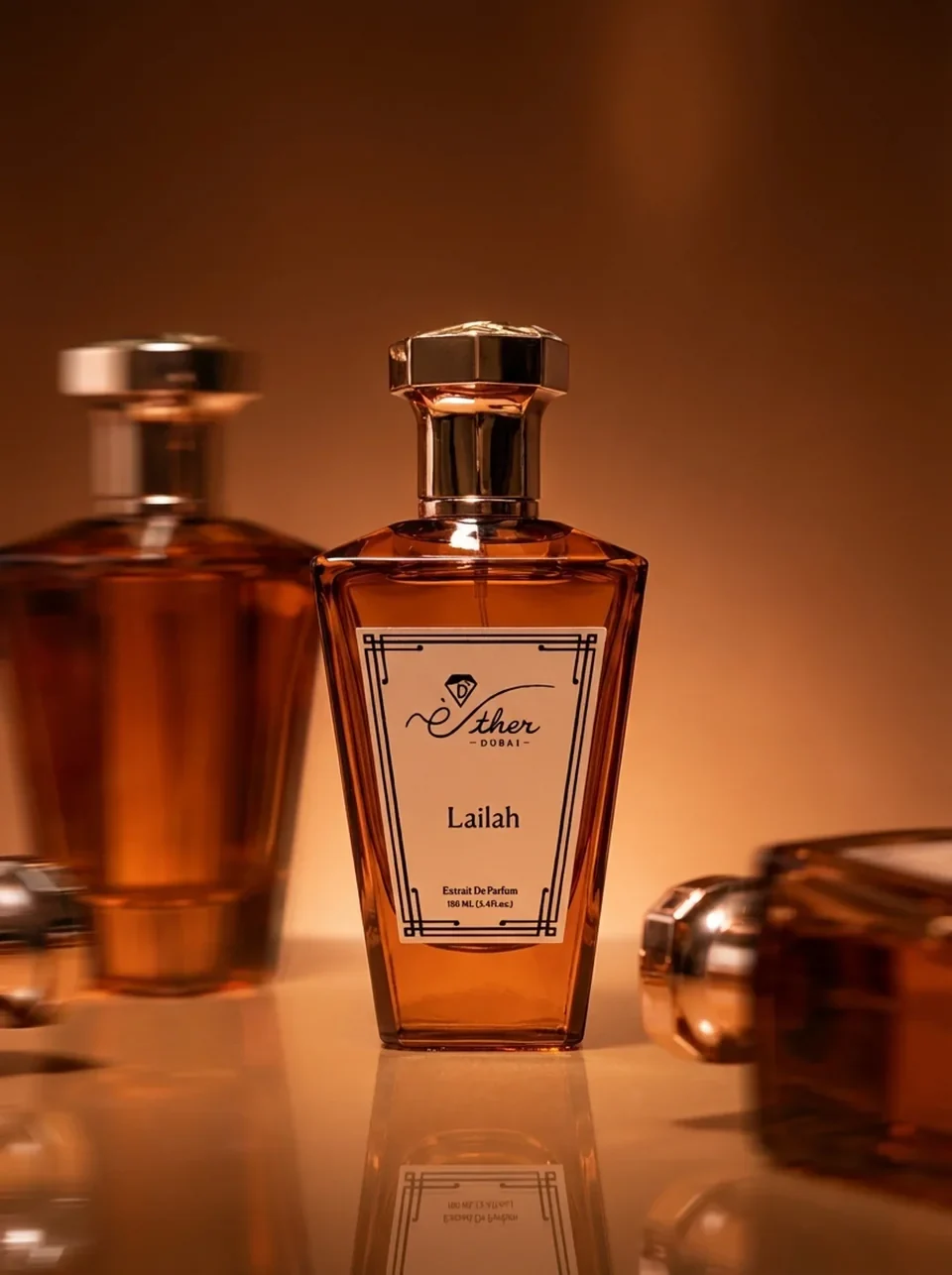 Amber perfume bottles in warm studio lighting