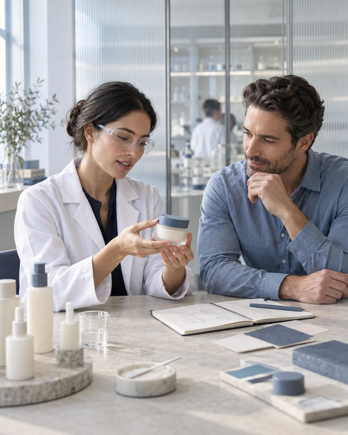 Illustrative product development meeting: a cosmetic scientist and a brand founder discussing skincare samples and packaging.